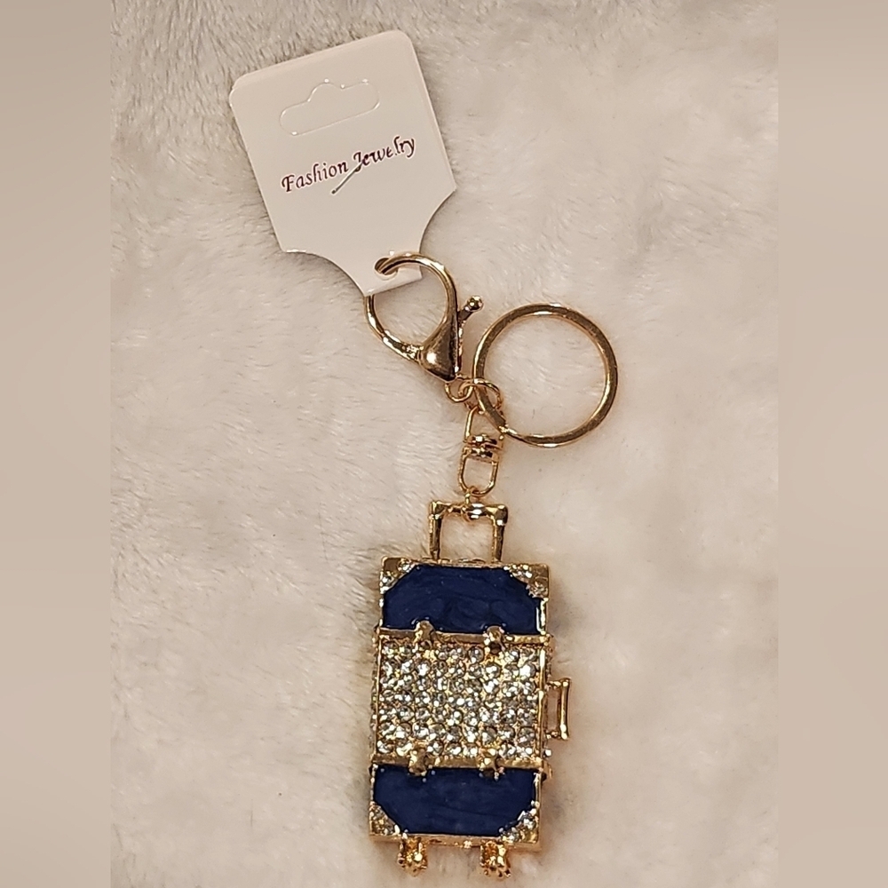 Blue and Gold Luggage Keychain with Rhinestones Bqg Charm